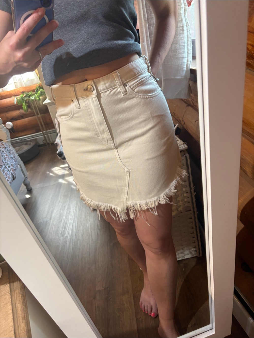 Free People Cream Frayed Hem Denim Skirt